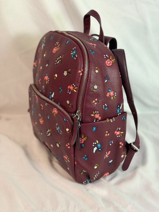 Vera Bradley Leather Mini Backpack Floral Print Burgundy Travel Bag